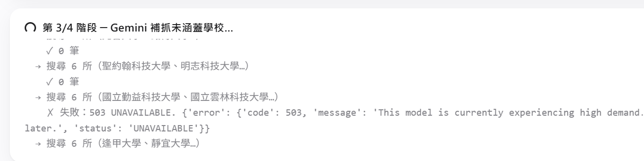 Gemini 補抓 log：6 所學校批次連續成功 0 筆後，出現紅色 X 失敗訊息 503 UNAVAILABLE This model is currently experiencing high demand