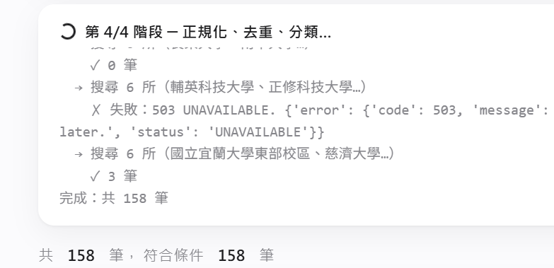 加 retry 後的完整 pipeline log：正規化、去重、分類後共抓到 158 筆營隊