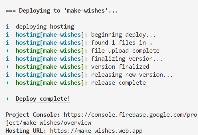 Firebase 部署成功的終端機畫面，顯示綠色 Deploy complete 與 Hosting URL