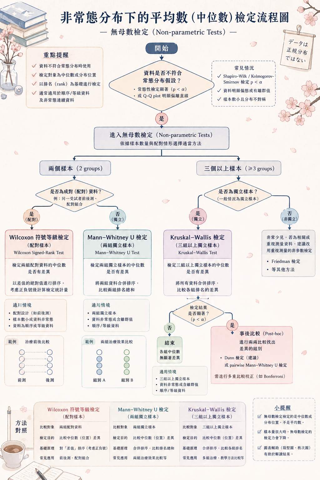 非常態分布下的中位數檢定流程圖：依資料類型、樣本數與設計，分流至 Wilcoxon、Mann-Whitney U、Kruskal-Wallis、Friedman 等無母數檢定