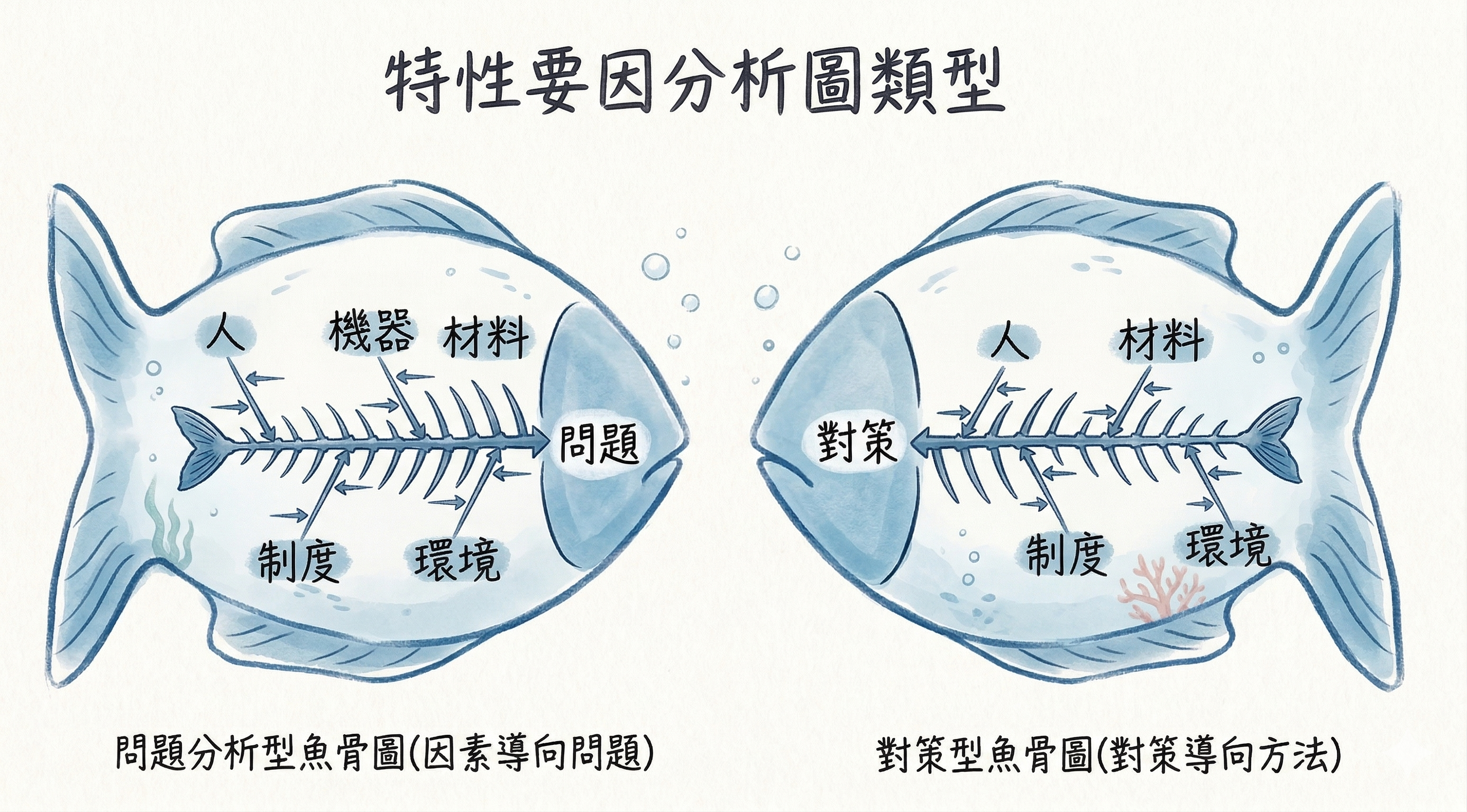 原因型特性要因圖（魚頭朝右）與對策型特性要因圖（魚頭朝左）比較